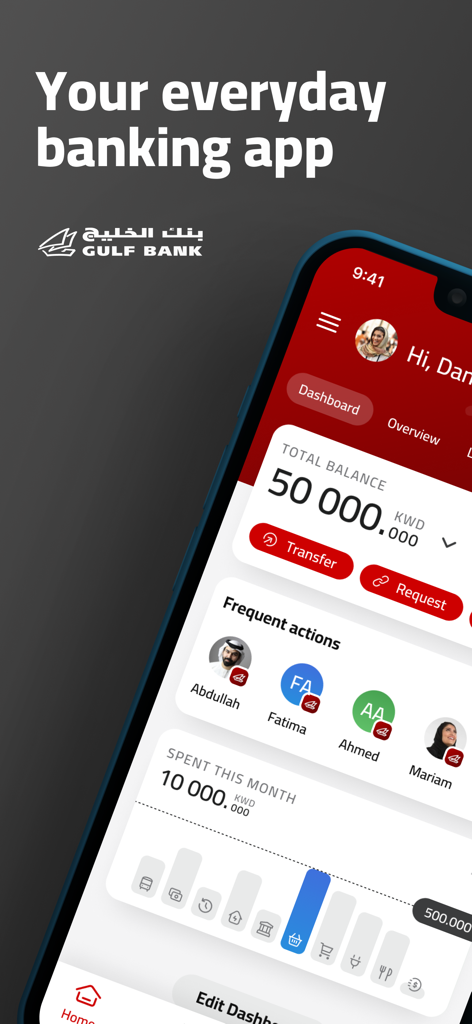 Gulf Bank Mobile Banking - Gulf Bank mobile banking dashboard displaying account balance, frequent actions, and monthly spending analytics