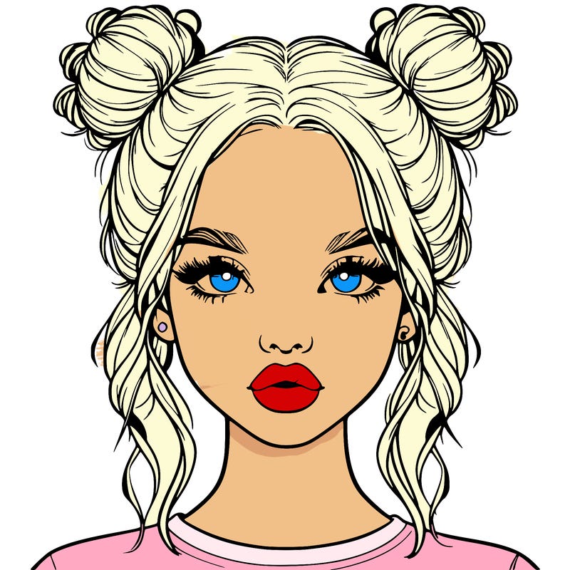 realistic girl with two buns in hair and lips