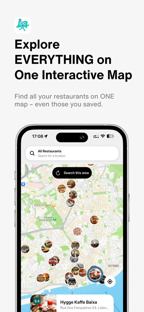 Where to Eat: Spoto - Interfaz de la aplicación móvil Spoto que muestra un mapa interactivo con iconos circulares de varios restaurantes y una barra de búsqueda.