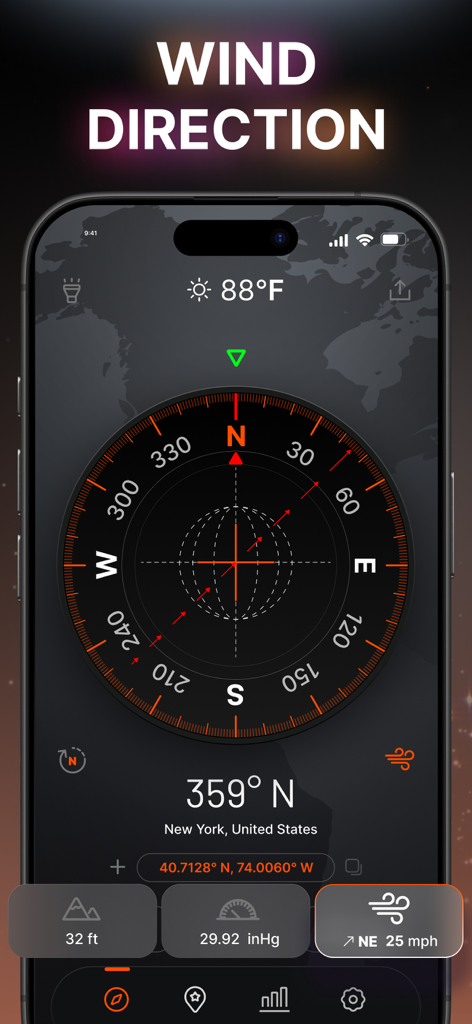 Compass & Coordinates Locator - Digitale Kompass-Oberfläche auf einem Smartphone, die Windrichtung und -geschwindigkeit anzeigt