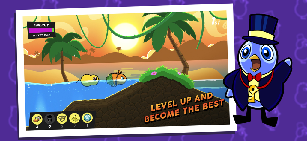 Duck Life 8: Adventure - Gameplay of Duck Life 8 Adventure showing ducks racing in a tropical environment with a leveling up message.