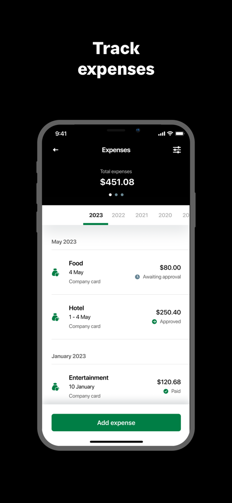 Pantalla de smartphone que muestra la función de seguimiento de gastos de la aplicación Sage HR con una lista de costos y estados de aprobación