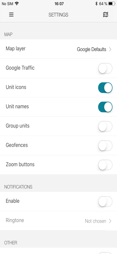 CTTMX Telemática - Menú de configuración de CTTMX Telematica mostrando opciones de configuración de mapa y notificaciones.