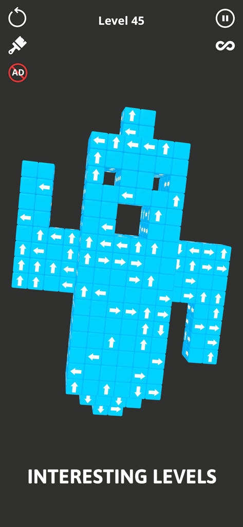 Un puzzle 3D hecho de bloques azules con flechas en el Nivel 45 de Tap Escape