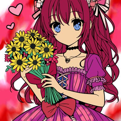 an anime girl in a dress holding flowers for valentines day