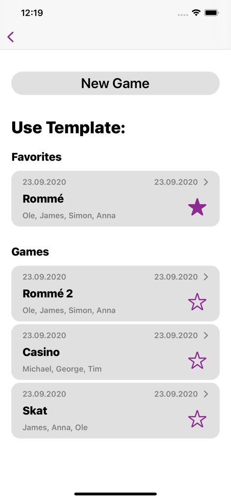 Interfaz de la aplicación Games Block mostrando juegos pasados como Romme y Casino utilizados como plantillas para un rápido seguimiento de puntuaciones.