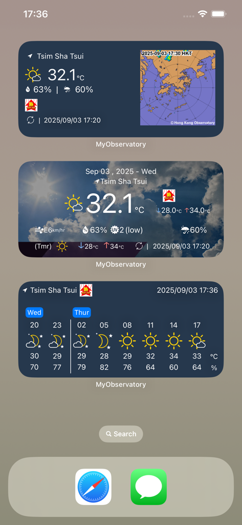 MyObservatory - Captura de tela de três widgets de clima do MyObservatory em uma tela inicial do iPhone mostrando temperatura e dados de previsão para Tsim Sha Tsui