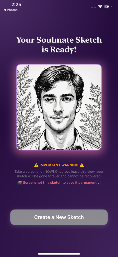 Hint Soulmate - Un boceto artístico en blanco y negro de la cara de un hombre en la pantalla de la aplicación Hint Soulmate