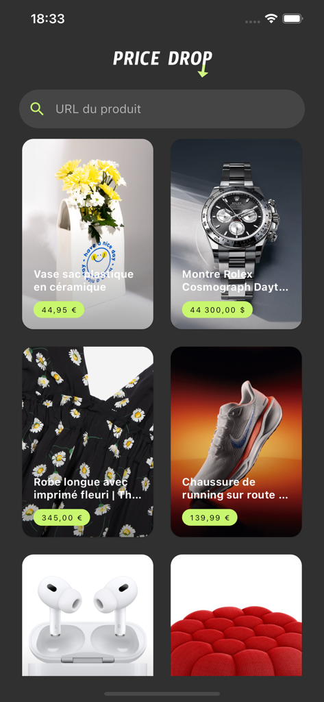 Price Drop - Tracker - A grid of tracked products including a watch and sneakers on the Price Drop app interface