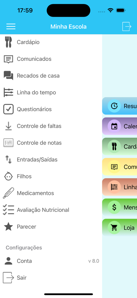 Minha Escola - Menú de navegación lateral de la aplicación Minha Escola que muestra funciones como anuncios, calificaciones y menú escolar