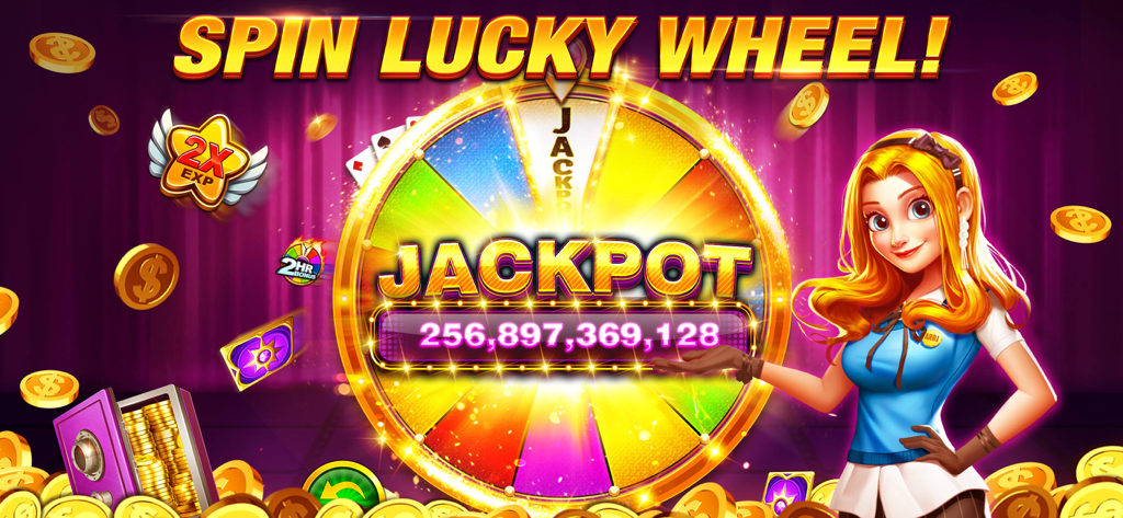 Una colorida rueda de la suerte en Jackpot Mania mostrando una enorme ganancia de jackpot con un personaje femenino amigable.