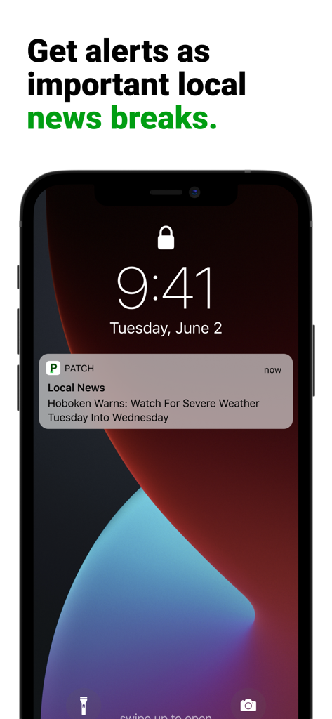 Tela de bloqueio do smartphone exibindo uma notificação de notícias locais do Patch sobre clima severo
