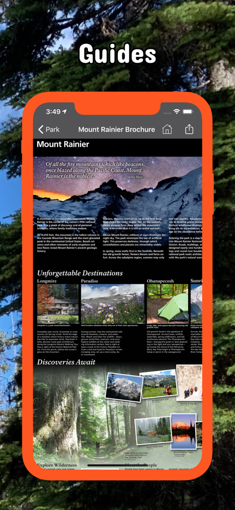 Folleto digital del Monte Rainier que muestra destinos y fotos en la aplicación Bosques Nacionales del Noroeste