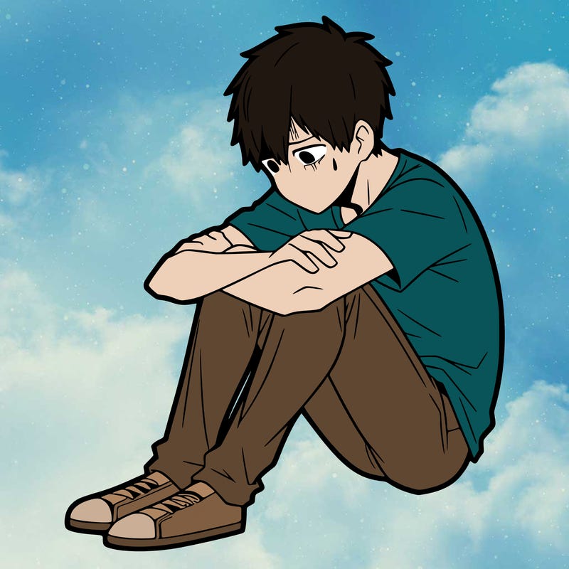 sad and lonely anime man  sitting on is own