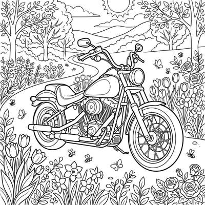 Embrace the thrill of the open road and the beauty of nature with this detailed cruiser motorcycle coloring page. Perfect for adult and teen colorists, this spring-themed design combines classic bike style with vibrant floral scenery.