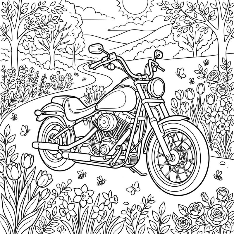 Embrace the thrill of the open road and the beauty of nature with this detailed cruiser motorcycle coloring page. Perfect for adult and teen colorists, this spring-themed design combines classic bike style with vibrant floral scenery.