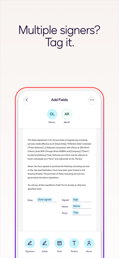 Docusign mobile app interface showing a sales agreement with fields for multiple signers like signature and date