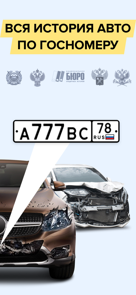 Car history check app interface showing damaged vehicle verification via Russian license plate