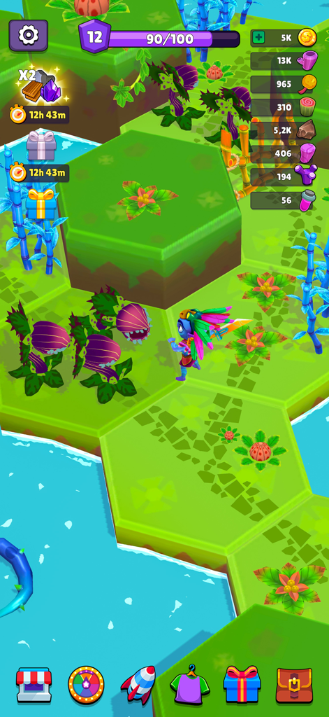 Blue alien character exploring a hexagonal terrain on an alien planet with resource management UI