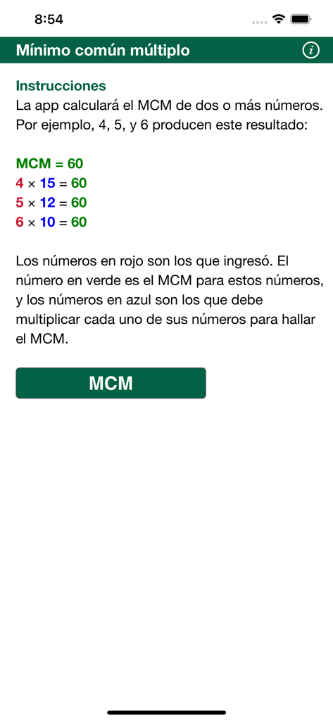 Instrucciones de la app Minimo comun multiplo con ejemplo de calculo de MCM