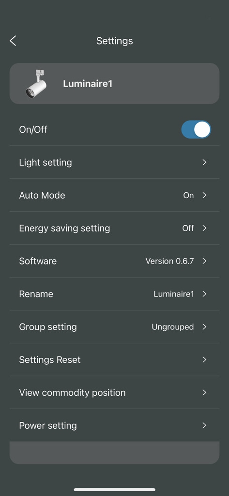 Menü mit Einstellungen für eine professionelle Leuchte innerhalb der PROLED Smart Control App.