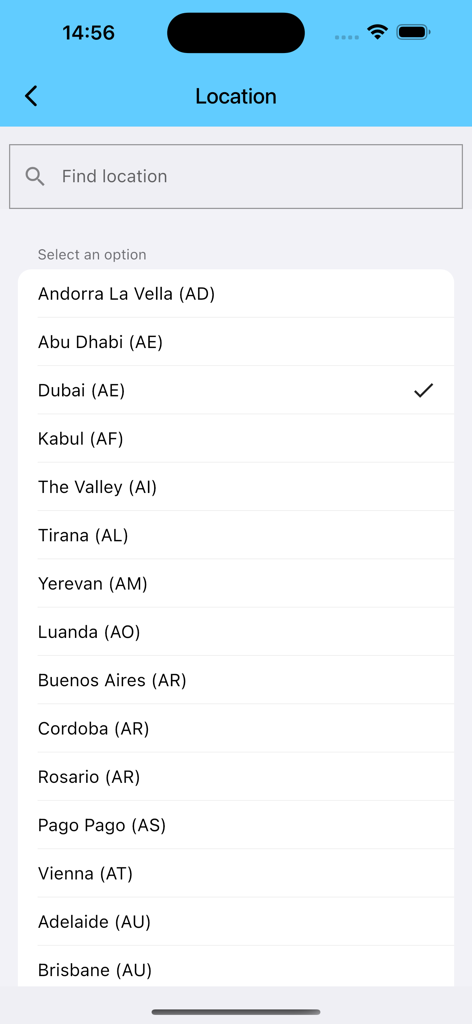 Jewish Calendar Dates - Pantalla de selección de ubicación que muestra una lista de ciudades para los horarios de Shabat y para encender las velas