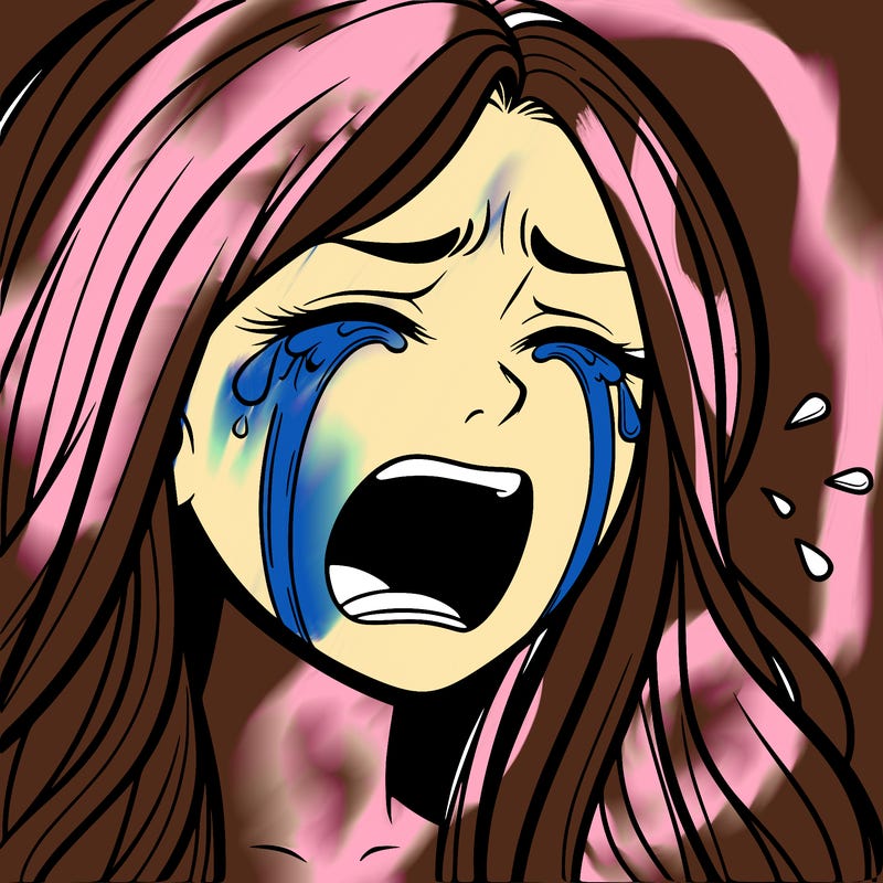 a woman with long hair and crying heavy tears screaming