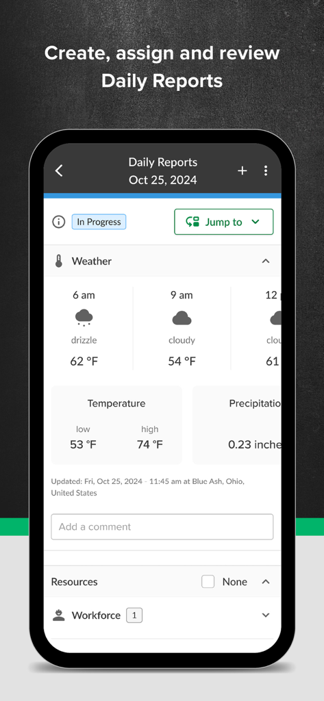 Pantalla de informes diarios en la aplicación STACK que muestra el clima del sitio de construcción y el seguimiento de la fuerza laboral.