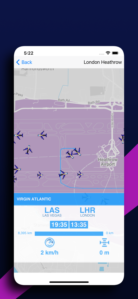 UK Flights: See live all Sky - Carte en temps réel montrant un vol Virgin Atlantic arrivant à l'aéroport de Londres Heathrow en provenance de Las Vegas