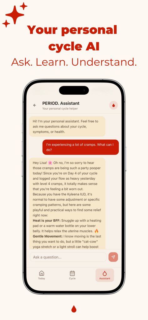 Interface of the personal AI cycle assistant in the PERIOD app providing personalized health advice for menstrual symptoms