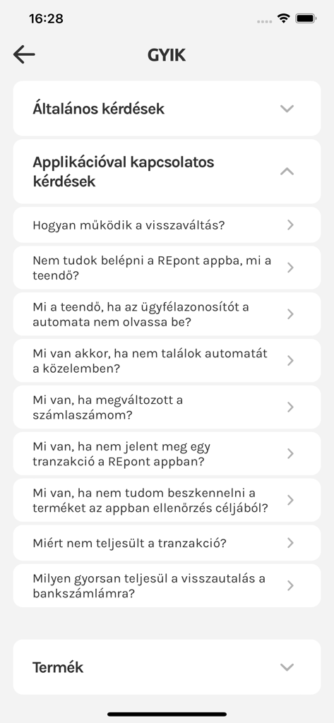 REpont - Schermata delle Domande Frequenti dell'app REpont che mostra argomenti di supporto ungheresi sul riciclaggio e sull'uso dell'app.