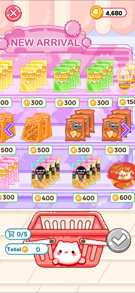 In-game snack shop in Mukbang Master ASMR Food featuring various colorful snacks on shelves and a cute cat-themed shopping basket