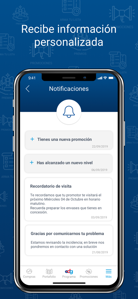 Notifications screen of the GEPP en tus manos mobile app showing business alerts and promotions