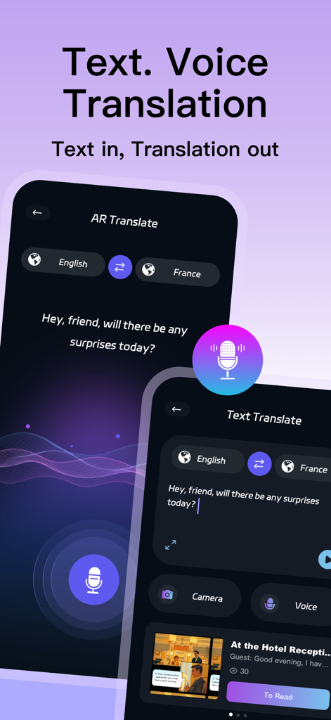AI Translator : Voice & Scan - Screenshot of AI Translator app showing the text and voice translation features on iPhone.