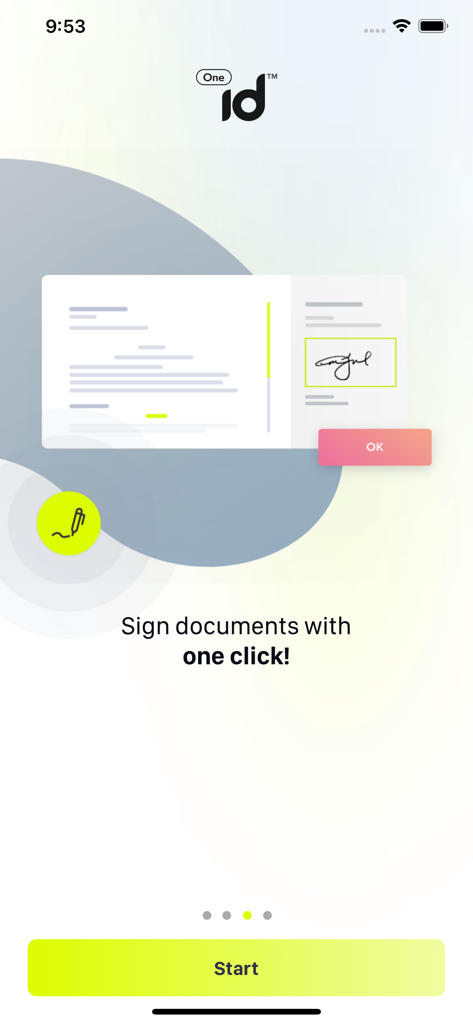 OneID - OneID app screen featuring a digital document being signed with a single click and a start button