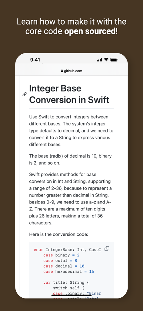 Screenshot zeigt ein Open-Source-Tutorial für die Integer-Basis-Konvertierung in Swift innerhalb der Just Toolbox App.