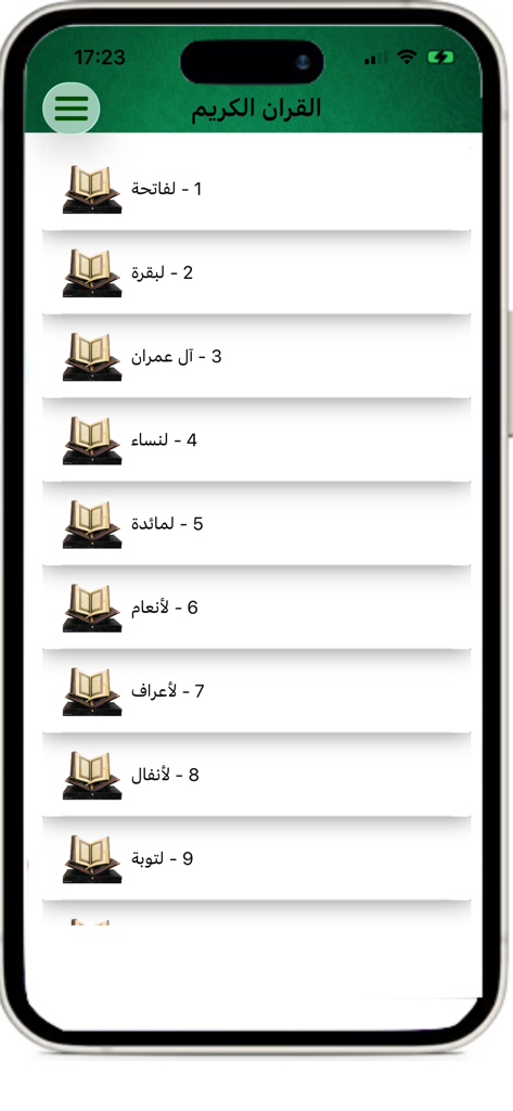 Holy Quran - القران الكريم - A mobile app screen displaying a numbered list of Quran chapters in Arabic with small book icons on a clean white background.