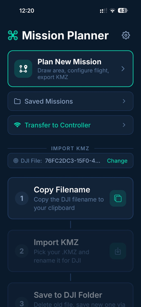 Mission Planner for DJI Drones - Mission Planner for DJI drones app main dashboard showing mission planning and KMZ import options