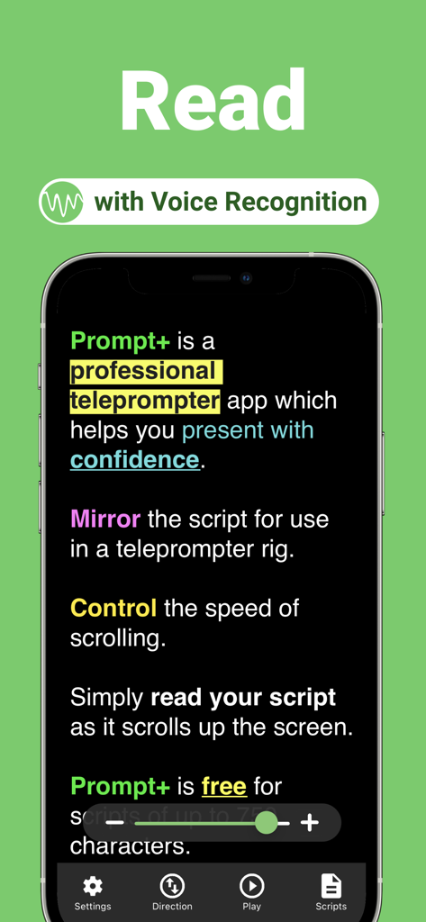 Pantalla de smartphone mostrando la aplicación Prompt plus teleprompter con la función de desplazamiento por reconocimiento de voz