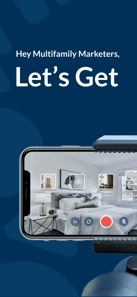 Realync Video Leasing - Interfaccia dell'app Realync su uno smartphone che mostra un tour virtuale di una stanza con controlli di registrazione