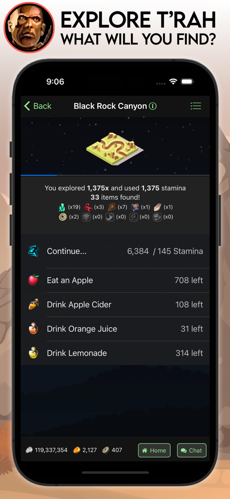 Farm RPG: Semi-Idle MMORPG - Interfaccia di esplorazione basata su menu in Farm RPG che mostra le statistiche di resistenza e gli oggetti trovati nel Canyon della Roccia Nera.