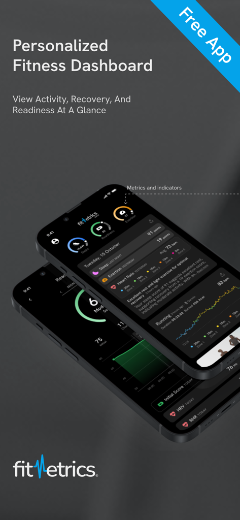 fitMetrics: Health Tracker - fitMetrics app interface showing a personalized fitness dashboard with activity recovery and readiness metrics