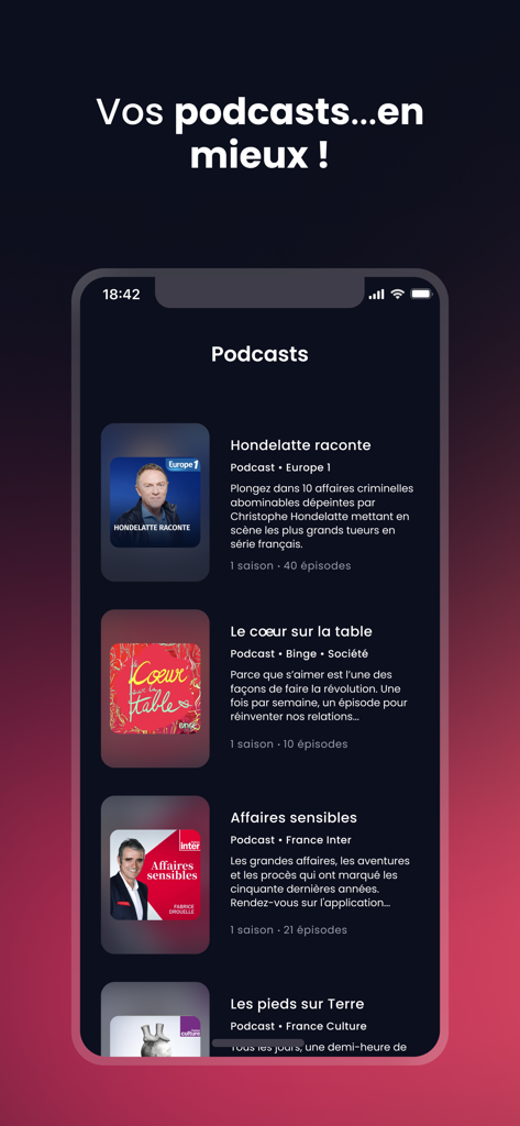 Sybel - Audio series, Podcasts - Interface of the Sybel app showing a curated list of popular audio podcasts and series