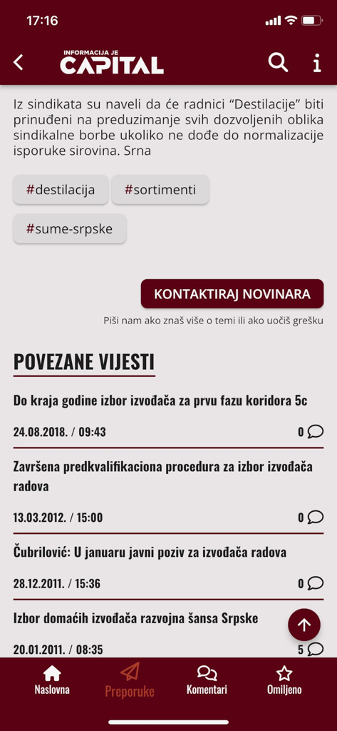 Interfaz de la aplicación Portal Capital mostrando artículos de noticias empresariales relacionados y un botón para contactar al periodista