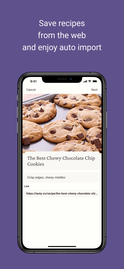 Potluck - Your Recipe Cookbook - Potluck app screen showing auto import of a chocolate chip cookie recipe from the web