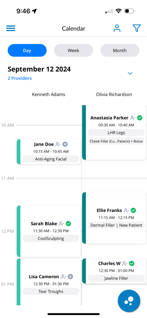 Aesthetic Record EMR - Daily calendar view in the Aesthetic Record EMR app showing provider schedules and patient treatment appointments for a medical spa