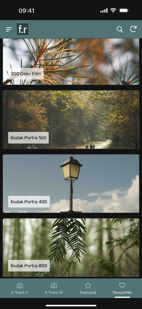 Film Recipes App for Fujifilm - User interface of the Film Recipes App showing various Fujifilm camera presets like Kodak Portra