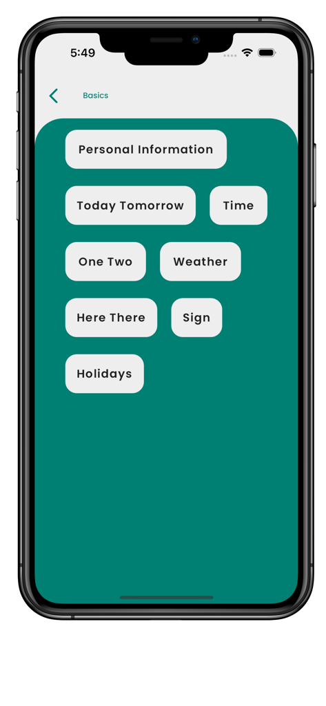 Écran du menu de l'application d'apprentissage du croate montrant les catégories de leçons de base comme l'heure, la météo et les informations personnelles.