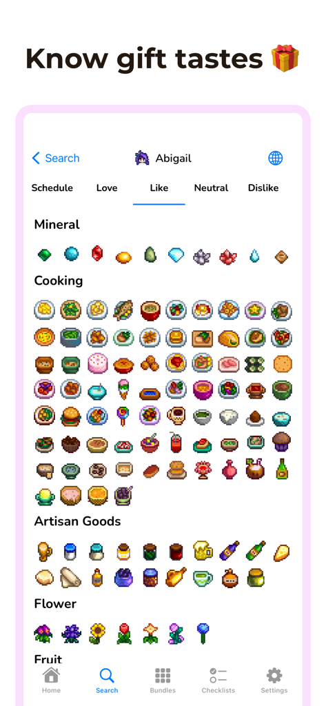 Assistant for Stardew Valley - A mobile screen from the Stardew Valley assistant app showing Abigail's liked gifts categorized by item type