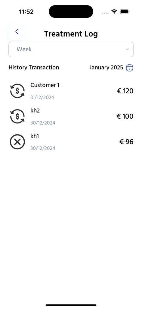 Beauty Staff - Screenshot of the Treatment Log screen showing a list of transactions and customer payments in the Beauty Staff app